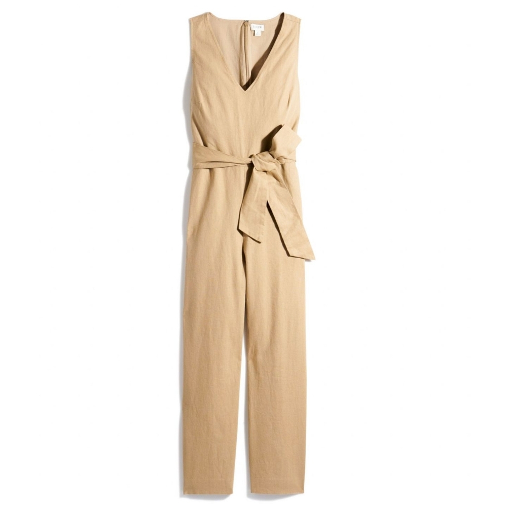 J Crew Linen Cotton Jumpsuit Tan Khaki Wide Leg V Neck Sleeveless